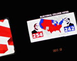 美國總統大選開票結果的紅、藍州，旁邊為英國首相布萊爾的照片和美國總統候選人小布什凱瑞的照片(Getty Images 2004-11-3)