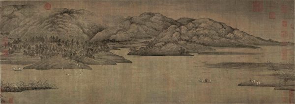 五代南唐董源潇湘图,藏于北京故宫博物院。(公有领域)