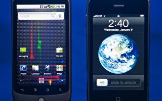 Google 的Nexus One手機(左)和蘋果的iPhone(右) (PAUL J. RICHARDS/AFP/Getty Images)