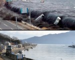 岩手县宫古市。上图为2011年3月11日海啸席卷而来，下图为2012年1月16日，同一地点道路已重建。(TORU YAMANAKA/AFP/Getty Images)
