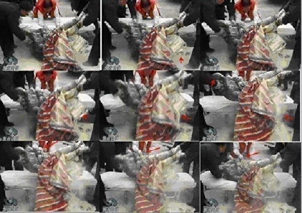 图9 穿着防护服的“自焚”伤员被抬上了担架 图9 穿着防护服的“自焚”伤员被抬上了担架