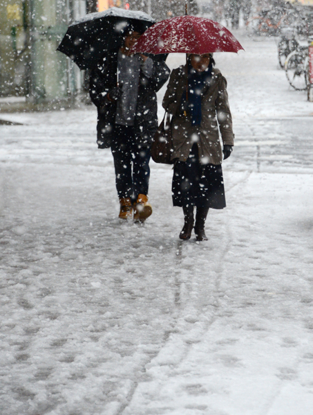 2013年1月14日，东京都心降下今年冬天第一场雪。图为银座购物区冰雪覆盖的街道。（TOSHIFUMI KITAMURA/AFP）