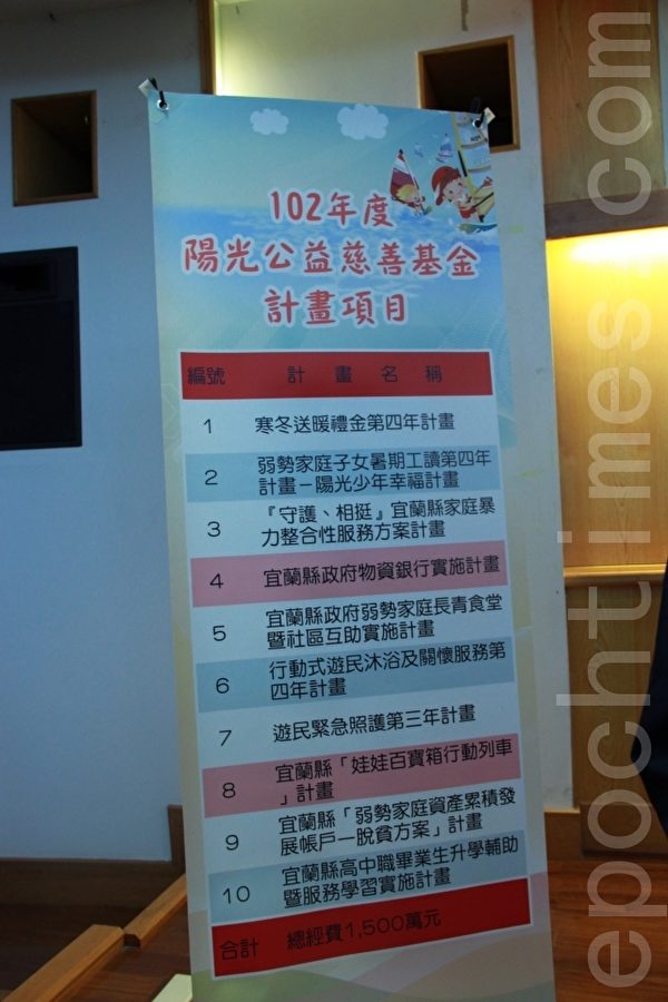 102年度阳光公益慈善基金计划项目 共有十项。(摄影:谢月琴/大纪元) 102年度阳光公益慈善基金计划项目 共有十项。(摄影:谢月琴/大纪元)