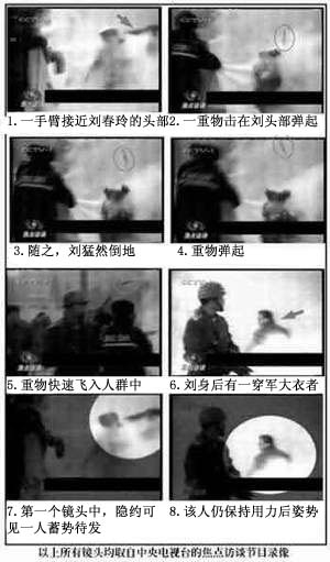 央視天安門自焚鏡頭的慢動作重放證實劉春玲是被警察打死,天安門自焚是中共策劃的一場騙局。(明慧網) 央視天安門自焚鏡頭的慢動作重放證實劉春玲是被警察打死,天安門自焚是中共策劃的一場騙局。(明慧網)