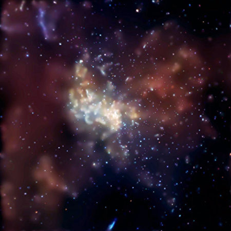 錢德拉 X 射線天文台 2003 年 1 月 6 日發布圖像顯示，明亮的耀斑出現在我們的銀河系中心附近的一個超大的黑洞的水平線附近， 銀河系也被稱為人馬座 A 。 (NASA/CXC/MIT/F.K.Baganoff/Getty Images)