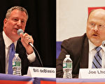 民主党市长参选人白思豪(Bill de Blasio)和共和党参选人洛塔(Joe Lhota)。(杜国辉/大纪元)