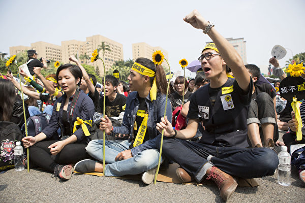 2014年3月30日,台灣台北,反服貿集會在總統服前的凱達格蘭大道舉行。圖為參加集會的民眾穿上黑衣,頭綁布條,手持象徵反服貿行動的太陽花。(陳霆/大紀元) 2014年3月30日,台灣台北,反服貿集會在總統服前的凱達格蘭大道舉行。圖為參加集會的民眾穿上黑衣,頭綁布條,手持象徵反服貿行動的太陽花。(陳霆/大紀元)