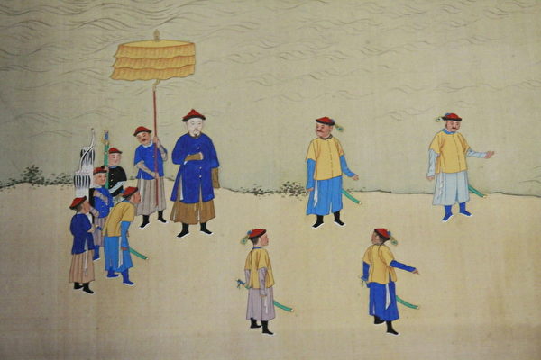 康熙帝南巡图卷(第九卷)一隅,图中体型高大者为康熙。(林伯东 / 大纪元) 康熙帝南巡图卷(第九卷)一隅,图中体型高大者为康熙。(林伯东 / 大纪元)