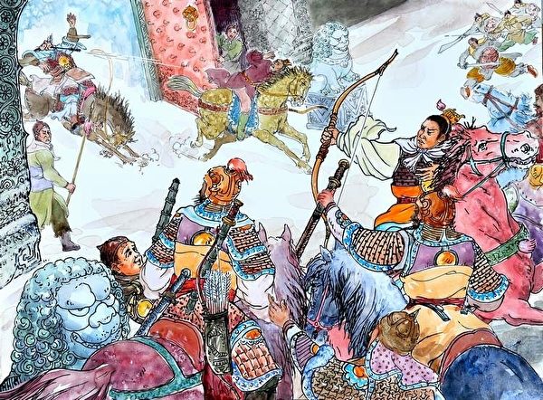 玄武門之變。(繪圖:曹醉夢/大紀元) 玄武門之變。(繪圖由曹醉夢提供)