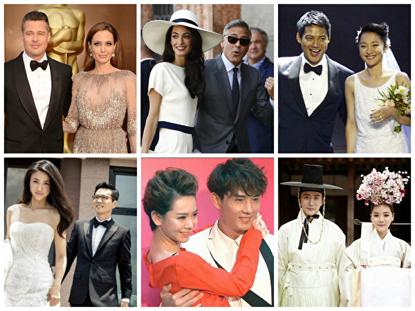 2014年结婚的六对明星,左上至右下:布拉德‧皮特和安吉丽娜‧朱莉,乔治‧克鲁尼与阿迈勒‧阿拉姆丁,高圣远与周迅,汤唯与金泰勇,戚薇与李承铉,高梓淇与蔡琳。(大纪元合成图) 2014年结婚的六对明星,左上至右下:布拉德‧皮特和安吉丽娜‧朱莉,乔治‧克鲁尼与阿迈勒‧阿拉姆丁,高圣远与周迅,汤唯与金泰勇,戚薇与李承铉,高梓淇与蔡琳。(大纪元合成图)