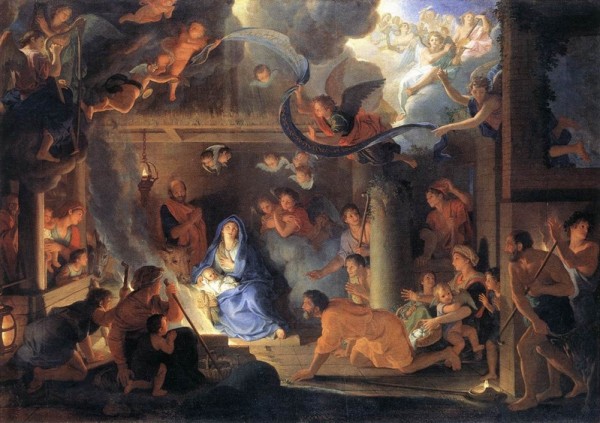 路易十四时代的艺术总管勒布杭(Charles Le Brun (1619-1690))这幅《耶稣诞生》,有古典的优雅秀丽,也有巴罗可的热闹、华丽与弧线动态感。(图片来源:网路图片) 路易十四时代的艺术总管勒布杭(Charles Le Brun (1619-1690))这幅《耶稣诞生》,有古典的优雅秀丽,也有巴罗可的热闹、华丽与弧线动态感。(图片来源:网路图片)