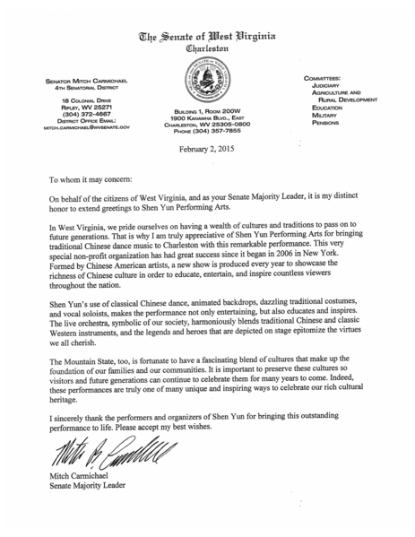 西維吉尼亞州參議院多數黨領袖Mitch Carmichael為神韻藝術團發來賀信。(大紀元資料室) 西維吉尼亞州參議院多數黨領袖Mitch Carmichael為神韻藝術團發來賀信。(大紀元資料室)