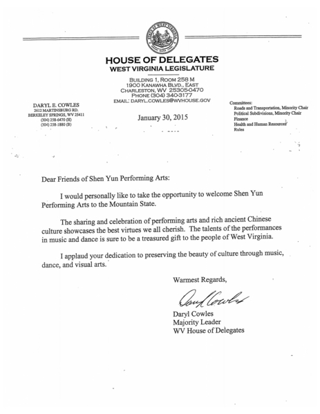 西維吉尼亞州州議會多數黨領袖Daryl Cowles向神韻致賀信。(大紀元資料室) 西維吉尼亞州州議會多數黨領袖Daryl Cowles向神韻致賀信。(大紀元資料室)