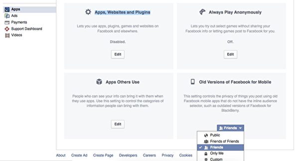 将【旧版的 Facebook 手机应用程序】(Old Versions of Facebook for Mobile)设为【只限本人】。(广元/大纪元) 将【旧版的 Facebook 手机应用程序】(Old Versions of Facebook for Mobile)设为【只限本人】。(广元/大纪元)
