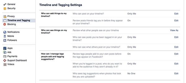 Facebook的【动态时报和标签设定】(Timeline and Tagging Settings)设定页面。(广元/大纪元) Facebook的【动态时报和标签设定】(Timeline and Tagging Settings)设定页面。(广元/大纪元)