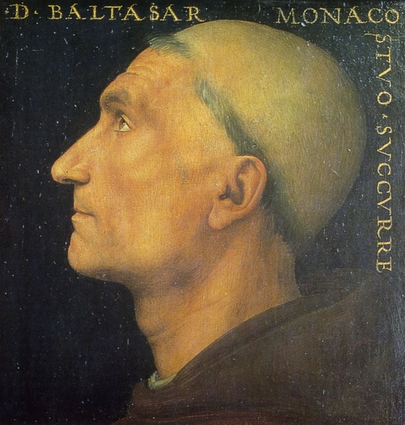 《唐 巴达萨 安杰罗肖像》(Portrait de don Baldassarre d’Angelo)1500 ,油画于木板,佛罗伦斯学院美术馆。图片来源:Musée Jacquemart André 提供。 《唐 巴达萨 安杰罗肖像》(Portrait de don Baldassarre d’Angelo)1500 ,油画于木板,佛罗伦斯学院美术馆。图片来源:Musée Jacquemart André 提供。