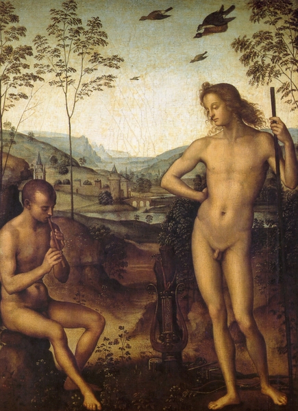《阿波羅與達夫尼》(Apollon et Daphnis)Années 1490,油畫於木板,39 x 29 cm,巴黎盧浮宮藏。圖片來源:Musée Jacquemart André 提供。 《阿波羅與達夫尼》(Apollon et Daphnis)Années 1490,油畫於木板,39 x 29 cm,巴黎盧浮宮藏。圖片來源:Musée Jacquemart André 提供。