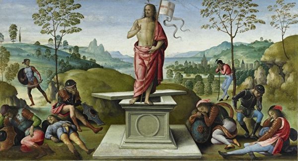 《復活》屬於佩魯吉諾繪「聖彼得多折畫屏」部份(La Résurrection (polyptyque de San Pietro) ,1496-1500 ,油畫於木板,32 x 59,5 cm 盧昂藝術博物館。圖片來源:Musée Jacquemart André 提供。 《復活》屬於佩魯吉諾繪「聖彼得多折畫屏」部份(La Résurrection (polyptyque de San Pietro) ,1496-1500 ,油畫於木板,32 x 59,5 cm 盧昂藝術博物館。圖片來源:Musée Jacquemart André 提供。