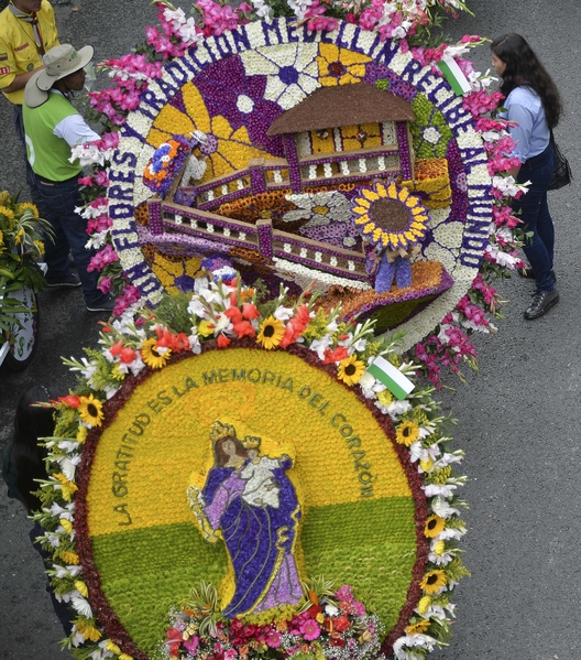 2015年8月9日，哥伦比亚鲜花节背花大游行，热闹非凡。（Raul ARBOLEDA/AFP）