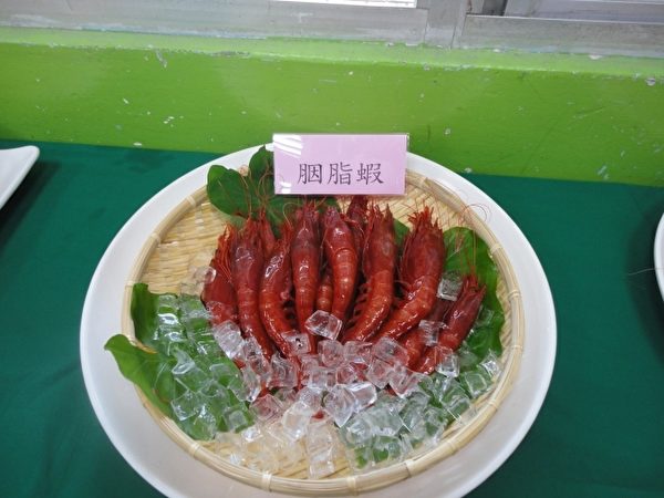 透过实际产品让小朋友认识“胭脂虾”等名贵虾类。(陈秀媛/大纪元) 透过实际产品让小朋友认识“胭脂虾”等名贵虾类。(陈秀媛/大纪元)