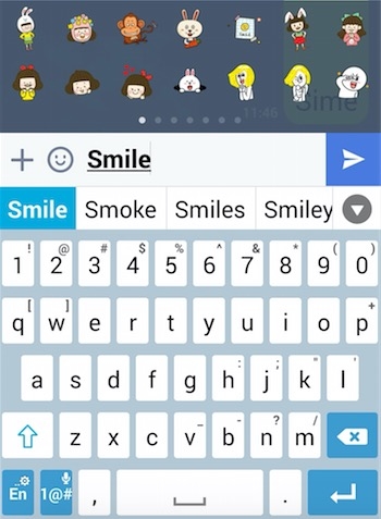 打入微笑或是Simle,LINE屏幕就會自動顯示一些微笑的貼圖。。(凌妃/大紀元) 打入微笑或是Simle,LINE屏幕就會自動顯示一些微笑的貼圖。。(凌妃/大紀元)