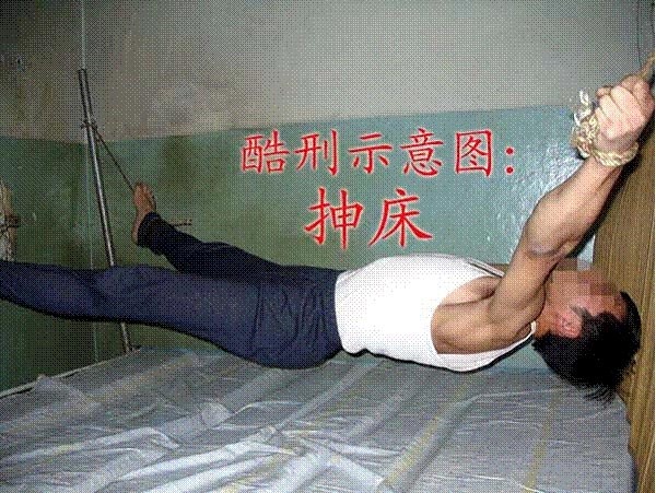 酷刑演示:抻床(明慧网) 酷刑演示:抻床(明慧网)