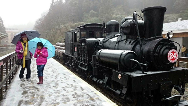 阿里山24日上午开始在飘雪,游客到沼平车站争睹赏雪。(民众提供) 阿里山24日上午开始在飘雪,游客到沼平车站争睹赏雪。(民众提供)