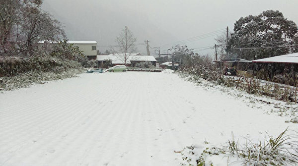 苗栗县南庄乡鹿场部落,24日凌晨下起大雪,从台北前往度假的民众表示,宛如置身于国外,直呼“太美了”。(民众提供) 苗栗县南庄乡鹿场部落,24日凌晨下起大雪,从台北前往度假的民众表示,宛如置身于国外,直呼“太美了”。(民众提供)