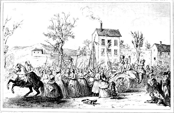 游行妇女在行进在去凡尔赛的路上受到围观者的欢呼(1842年插画)(公有领域) 游行妇女在行进在去凡尔赛的路上受到围观者的欢呼(1842年插画)(公有领域)