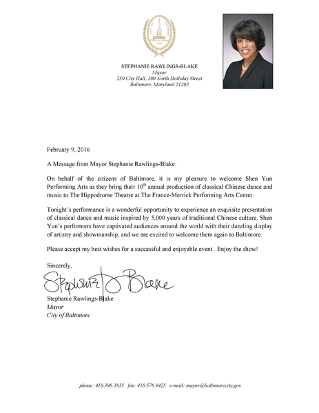 巴爾的摩市長羅琳-布萊克(Stephanie Rawlings-Blake)特為神韻藝術團發來賀信。(大紀元資料室)
巴爾的摩市長羅琳-布萊克(Stephanie Rawlings-Blake)特為神韻藝術團發來賀信。(大紀元資料室)