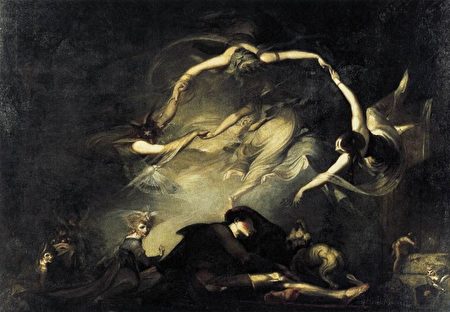 海因里希‧富塞利(Heinrich Fussli)1793年所绘《失乐园》(Paradise Lost)之一帧《牧羊人之梦》(The Shepherd’s Dream)。(公共领域) 海因里希‧富塞利(Heinrich Fussli)1793年所绘《失乐园》(Paradise Lost)之一帧《牧羊人之梦》(The Shepherd’s Dream)。(公共领域)