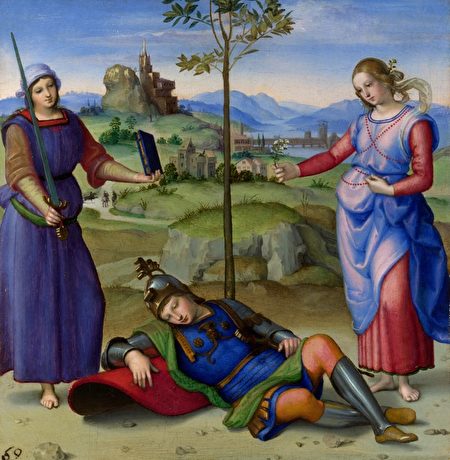 拉斐尔(Raphael)的《骑士之梦》(Vision of Knight)作于约1504年。(公共领域) 拉斐尔(Raphael)的《骑士之梦》(Vision of Knight)作于约1504年。(公共领域)