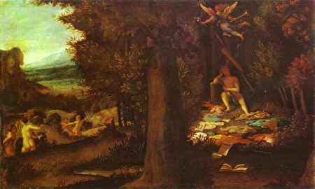 意大利文艺复兴威尼斯画家洛伦佐‧洛托(Lorenzo Lotto)所作《沉睡的太阳神阿波罗、缪斯女神和传闻女神法玛》(Sleeping Apollo, Muses and Fama)。(公共领域) 意大利文艺复兴威尼斯画家洛伦佐‧洛托(Lorenzo Lotto)所作《沉睡的太阳神阿波罗、缪斯女神和传闻女神法玛》(Sleeping Apollo, Muses and Fama)。(公共领域)