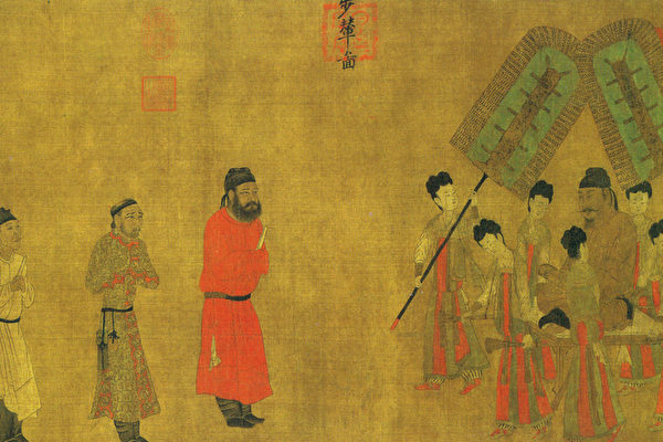 閻立本繪步輦圖，其內容為唐太宗接見吐蕃使者。（公共領域）