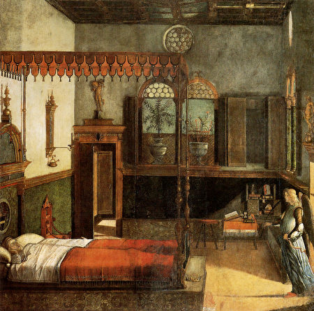 维托雷‧卡帕乔(Vittore Carpaccio)的《圣乌苏拉之梦》(The Dream of St Ursula),蛋彩画,作于1495年,威尼斯学院画廊收藏。(公有领域) 维托雷‧卡帕乔(Vittore Carpaccio)的《圣乌苏拉之梦》(The Dream of St Ursula),蛋彩画,作于1495年,威尼斯学院画廊收藏。(公有领域)