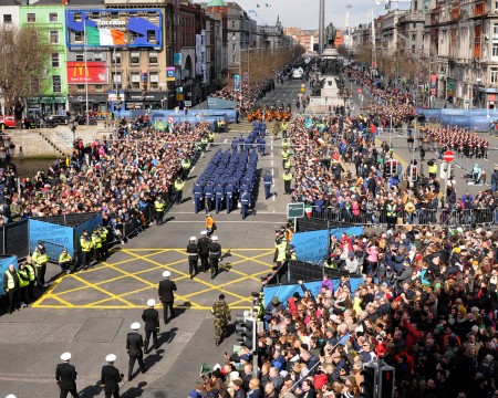 DUBLIN, IRELAND - MARCH 27: In this photo provided by the Air Corps Press Office, the view of the Parade from Roof of the Blood bank seen during the military parade marking the 100th anniversary of the Easter Rising on March 27, 2016 in Dublin, Ireland. The 1916 rebellion was an attempt by Irish forces to overthrow the British government in Ireland. Although unsuccessful it was seen as a significant move in the creation of the Irish republic when public opinion turned in favour of the rebels after British forces defeated the rebellion and executed it's leaders. (Photo by Irish Defence Forces via Getty Images)