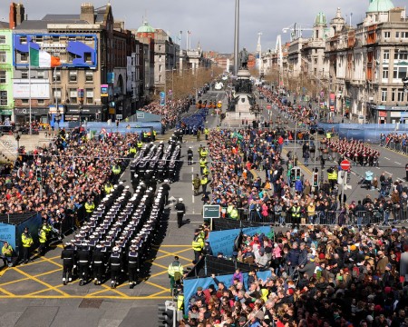 DUBLIN, IRELAND - MARCH 27: In this photo provided by the Air Corps Press Office, the view of the Parade from Roof of the Blood bank seen during the military parade marking the 100th anniversary of the Easter Rising on March 27, 2016 in Dublin, Ireland. The 1916 rebellion was an attempt by Irish forces to overthrow the British government in Ireland. Although unsuccessful it was seen as a significant move in the creation of the Irish republic when public opinion turned in favour of the rebels after British forces defeated the rebellion and executed it's leaders. (Photo by Irish Defence Forces via Getty Images)