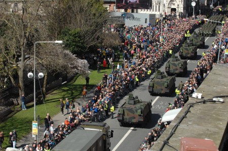 DUBLIN, IRELAND - MARCH 27: In this photo provided by the Air Corps Press Office, the view of the Parade from Roof of the Blood bank seen during the military parade marking the 100th anniversary of the Easter Rising on March 27, 2016 in Dublin, Ireland. The 1916 rebellion was an attempt by Irish forces to overthrow the British government in Ireland. Although unsuccessful it was seen as a significant move in the creation of the Irish republic when public opinion turned in favour of the rebels after British forces defeated the rebellion and executed it's leaders. (Photo by Irish Defence Forces via Getty Images)