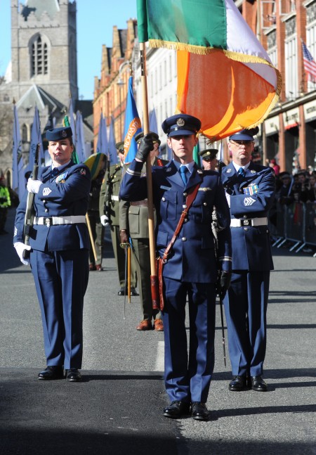 DUBLIN, IRELAND - MARCH 27: This photo provided by the Air Corps Press Office, shows a general view of the the military parade marking the 100th anniversary of the Easter Rising on March 27, 2016 in Dublin, Ireland. The 1916 rebellion was an attempt by Irish forces to overthrow the British government in Ireland. Although unsuccessful it was seen as a significant move in the creation of the Irish republic when public opinion turned in favour of the rebels after British forces defeated the rebellion and executed it's leaders. (Photo by Irish Defence Forces via Getty Images)