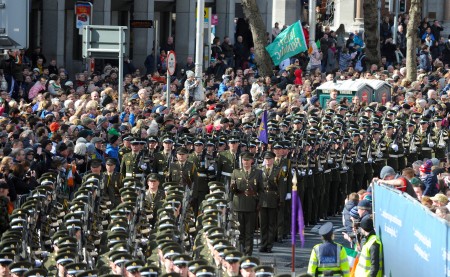 DUBLIN, IRELAND - MARCH 27: This photo provided by the Air Corps Press Office, shows a general view of the the military parade marking the 100th anniversary of the Easter Rising on March 27, 2016 in Dublin, Ireland. The 1916 rebellion was an attempt by Irish forces to overthrow the British government in Ireland. Although unsuccessful it was seen as a significant move in the creation of the Irish republic when public opinion turned in favour of the rebels after British forces defeated the rebellion and executed it's leaders. (Photo by Irish Defence Forces via Getty Images)