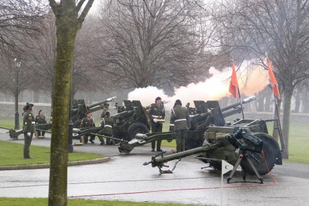 DUBLIN, IRELAND - MARCH 27: In this photo provided by the Air Corps Press Office, the 2nd Field Artillery Regiment fires 21 gun salutes during the the military parade marking the 100th anniversary of the Easter Rising on March 27, 2016 in Dublin, Ireland. The 1916 rebellion was an attempt by Irish forces to overthrow the British government in Ireland. Although unsuccessful it was seen as a significant move in the creation of the Irish republic when public opinion turned in favour of the rebels after British forces defeated the rebellion and executed it's leaders. (Photo by Irish Defence Forces via Getty Images)