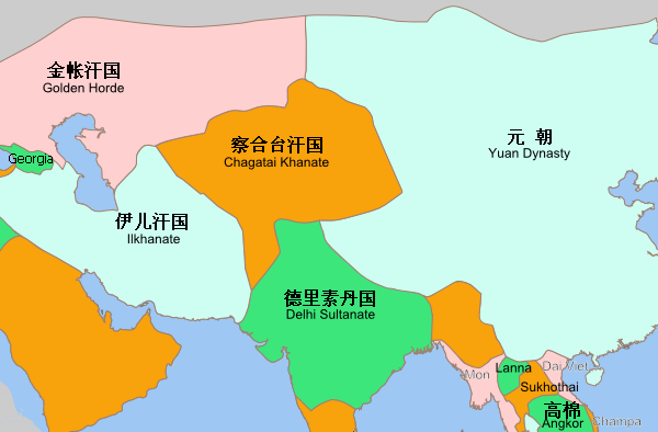 1335年的元朝及蒙古四大汗國地理位置（公有領域）