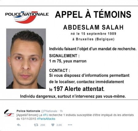巴黎恐怖袭击发生后,法国警方曾向主嫌阿布德斯拉姆(Salah Abdeslam)发布通缉通告。阿布德斯拉姆是法国公民,生于比利时。(图片来源:法国国家警察官方推特)