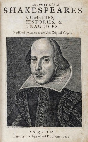 1623年出版的莎士比亞著作《喜劇歷史和悲劇》，封面的莎士比亞肖特版畫像為馬丁·德魯所作。（公領域）