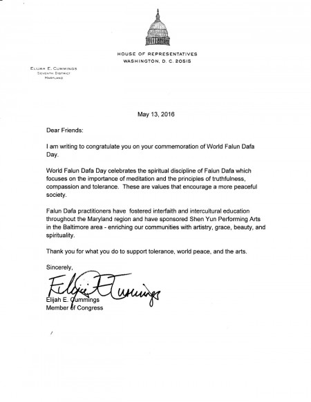 美國馬里蘭州聯邦眾議員伊萊賈‧E‧卡明斯(Elijah E. Cummings)致信祝賀世界法輪大法日。