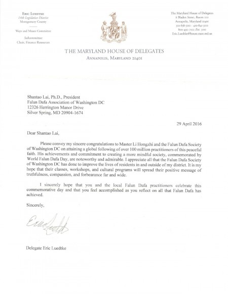 馬里蘭州眾議員埃里克‧利德基(Eric Luedtke)致信華盛頓特區法輪大法學會。