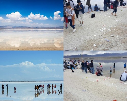 被喻为“中国版天空之镜”的青海省茶卡盐湖景区，随处可见游客丢下的垃圾。（网络图片）