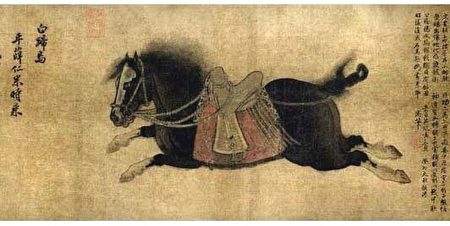 金代赵霖《昭陵六骏图卷》中描绘的白蹄乌，北京故宫博物院藏。（公有领域）