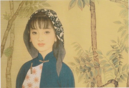 赵国经、王美芳的画作《树苗儿》的局部。白底蓝蝶头巾、靛蓝衣裳衬托著江南少女的清纯秀气。(网络图片)