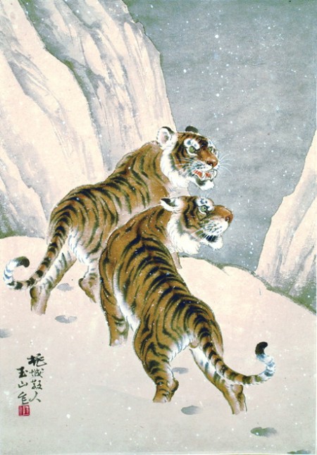 《雪山雙虎》66X46cm,紙本水墨設色 1975(劉墉提供)。劉墉:「林氏獨步國內畫壇的龍虎作品中,看到禪林水墨的意趣和深厚的寫生功夫。」(中華文化總會提供)